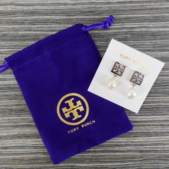 Tory Burch Square Logo Pearl Drop Earrings Silver OS - Picture 11 of 12